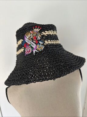 Ed Hardy Black/Cream Straw Bucket Hat Adjustable Rimwith Embroidered Tiger Patch